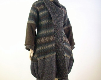Upcycled Balloon Coat Sweater Coat/ Brown Wool/Size Medium/Large US 10- 12-14/Reconstructed Clothing/Brenda Abdullah