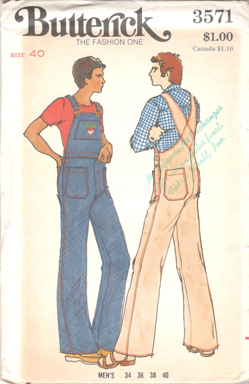 Butterick 3571 1970s Mens Bib Overalls Pattern Patch Pockets