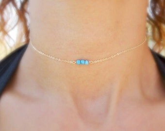 Tiny choker necklace, minimal turquoise bead necklace, layering necklace, gemstone, birthstone necklace, otis b, gold choker, dainty choker,