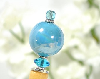 Blue Beaded Hair Stick 5.5 in Wood Hairstick Japanese Hair Pin Hair Chopstick Handmade Bun Pin - "Clearwater"