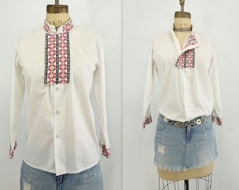Ethnic White Blouse Embroidered Shirt Traditional Blouse 70s Russian Blouse Cossack Shirt Slavic Gypsy Blouse Cossack Blouse women xs