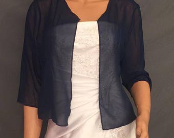 Chiffon bolero shrug with 3/4 sleeves hip length jacket wedding coat cover up sheer bridal wrap CBA214 AVL in navy blue and 5 other colors