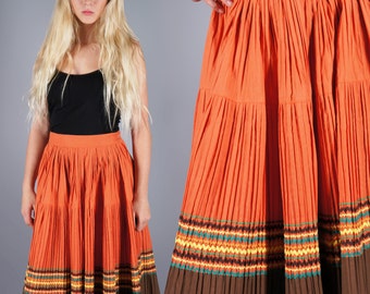 RickRack Squaw Circle Skirt Patio Crinkle Pleat Skirt 50s Orange and Brown Midi Skirt