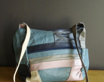 Vintage Leather Purse - Lavender, Gray, Teal, and Navy Handbag - Genuine Leather Made in Mexico