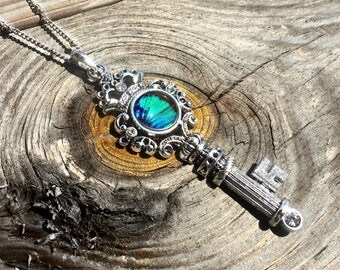 Skeleton key necklace Real Butterfly wings Romantic gifts for her Anniversary gifts for women friends key pendant necklace key to my heart