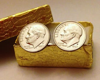 20th Anniversary Mens Gift: 1997 Anniversary Dime Cufflinks Jewelry, 20 Year Wedding Anniversary Gift for Him Man, Husband; Married 20 Years