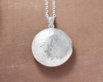 Sterling Silver Locket Necklace, Large Round Vintage Photo Pendant - Timeless Gift
