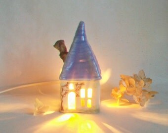 Fairy House/ Night Light - not quite Squared Up By Hand - with a Purple Roof and 2 Vines Growing up on All Sides - Ready to Ship