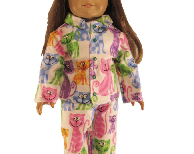 Funky cats kitty cats flannel doll pajamas fits 18 inch dolls pink cats purple cats green cats