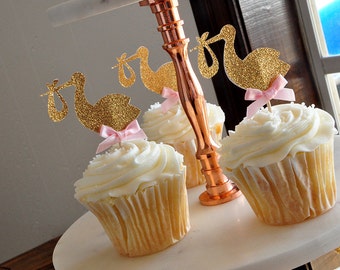 Baby Girl Shower Decorations. Handcrafted in 1-3 Business Days. Stork Cupcake Toppers with Baby Pink Bows 12CT. Baby Pink Shower Decor.