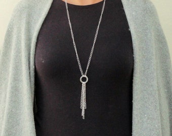 Silver Tassel Necklace, Silver Chain Tassel Necklace, Ring Tassel Necklace, Circle Necklace, Long Tassel Necklace Simple, Chain Tassels