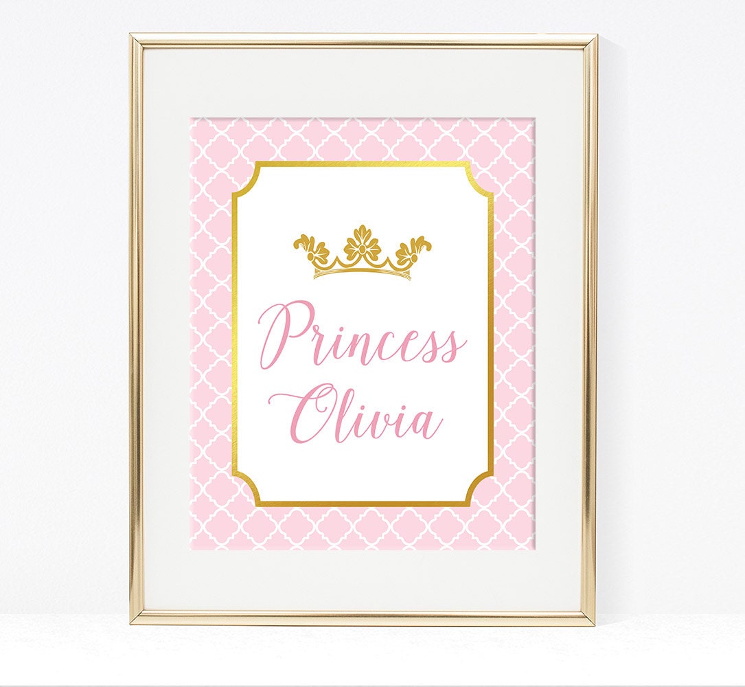 Custom Name Princess Digital Art Print Pink &amp; Gold Crown
