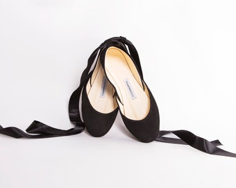 Black Suede Ballet Flats with Satin Ribbons | Classic Black Ballerina Flats | Spring Collection | Black Leather Ballerinas