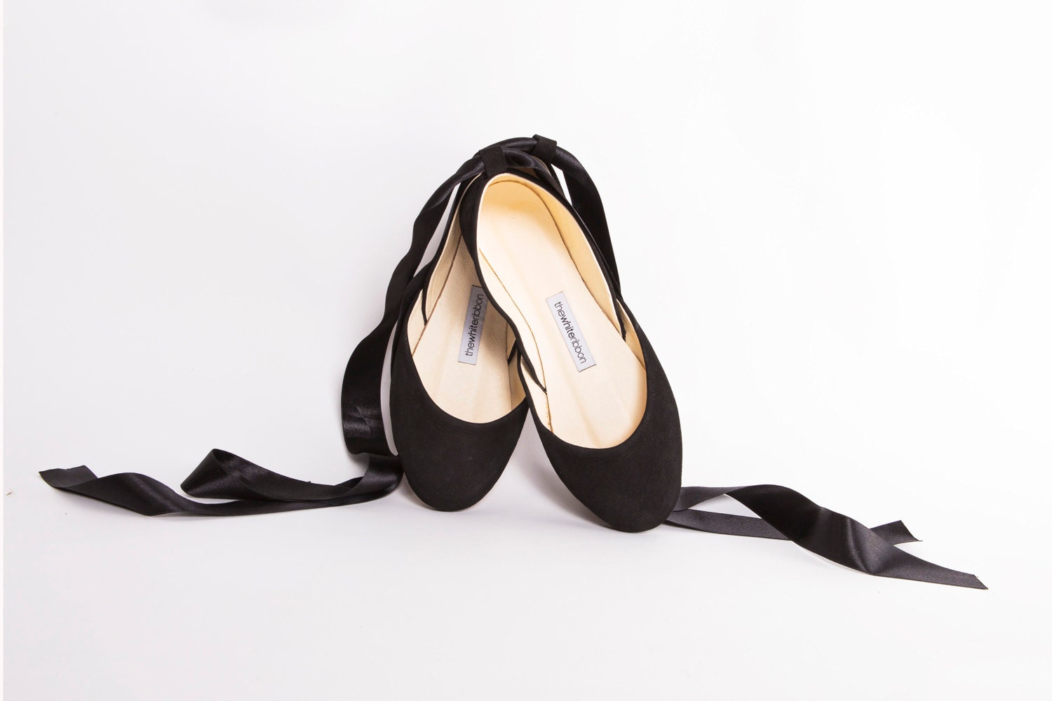 Black Suede Ballet Flats With Satin Ribbons Classic Black 