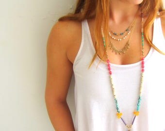 Long gemstones necklace, Multicolor necklace, Colorful necklace, Multi stone necklace, Long crystals necklace, Long gem necklace