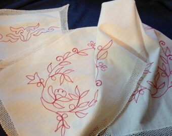 Vintage Table Runner, Embroidered, Doilie, Pink and White Runner, 60's Table Decor