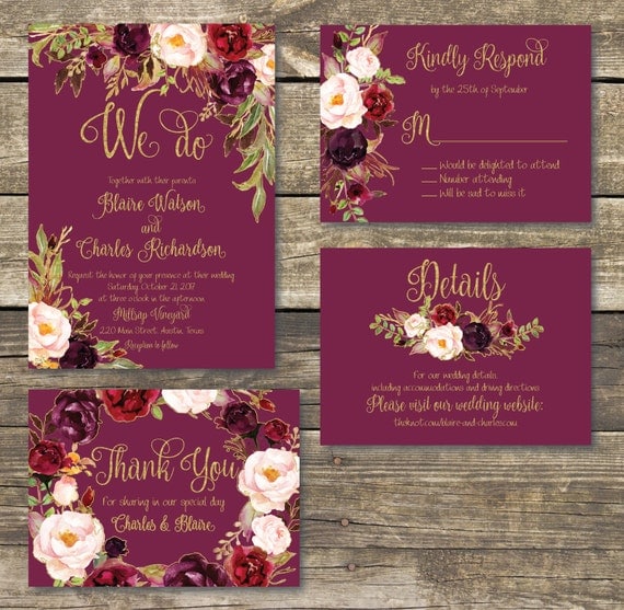 Printed Wedding Invitation Fall Floral Watercolor Wedding Gold Burgundy Marsala Wine Maroon Wedding Invitation Templates