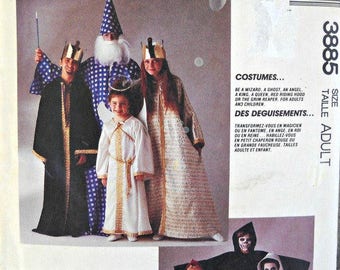 McCall's 3885 Wizard, Ghost, Angel, King, Queen, Red Riding Hood, Grim Reaper Costume Pattern, Uncut, Size Adult, Vintage 1988
