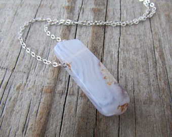 Blue Lace Agate Necklace, crazy lace agate pendant, raw periwinkle blue gemstone slab