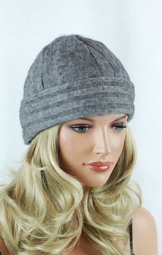 SALE: Pure Cashmere and Silk Lined Hat Beanie Ribbed Gray