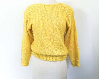 Vintage 1980s "Danik of California" Canary Yellow Knit 3/4 Sleeve Boatneck V-Back Sweater- Size Medium
