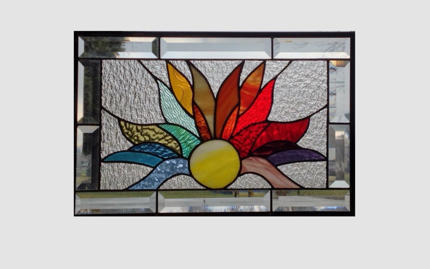 Rainbow stained glass panel window hanging flames sunray