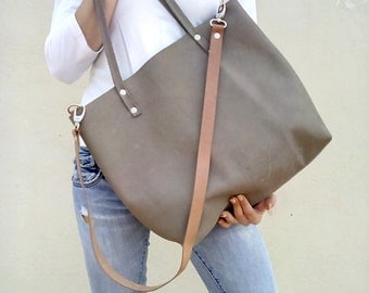 Leather bag, large leather bag, Gray Olive leather bag, Modern laptop bag