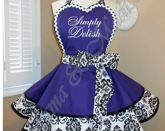 Custom Embroidered Womans Retro Apron With Damask Print Accents...Customize Your Name, Size and Color...Plus Sizing Available