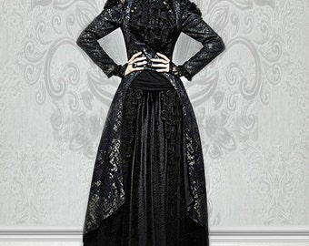 Gothic Black and Matt Golden Printing Coat with Long Tail gothic coat granny chic