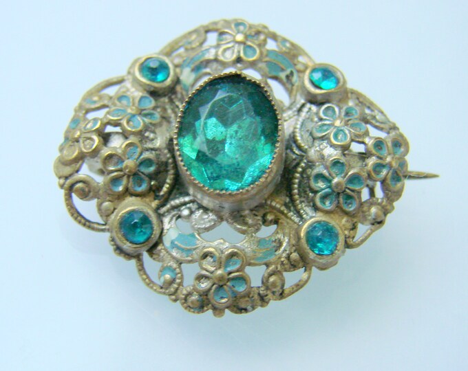 Victorian Aquamarine Paste Enamel Brooch / Goldtone Floral Accent / Vintage Jewelry / Jewellery