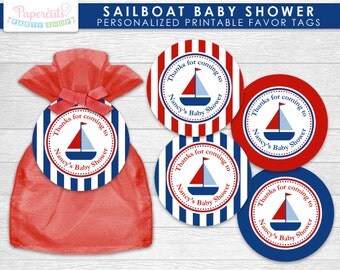 Sailboat Nautical Theme Baby Shower Favor Tags | Blue & Red | Personalized | Printable DIY Digital File