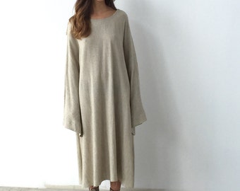 Handmade 70s Style Dress - one size OS- brown - neutral - oatmeal - bell sleeves - unfinished