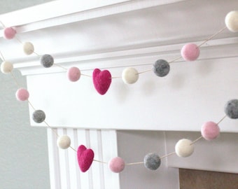 Felt Ball Garland- Hot Pink, Light Pink, Gray & White Hearts and Balls- Pom Pom- Nursery- Holiday- Wedding- Party- Childrens Room