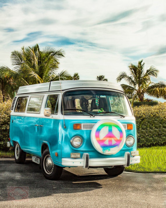 Items similar to VW Bus Peace Van Groovy Aqua and White Boho - Fine Art ...