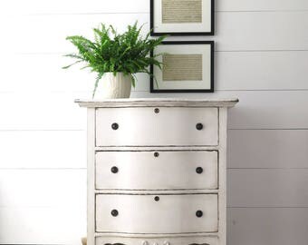 Painted White Chest, Cottage Chest, Shabby Chic Dresser, Antique Chest of Drawers, Three Drawers, Hand Painted, Bedside | BoulderBlueStudio