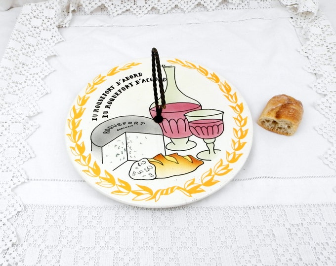 Vintage French Mid Century Ceramic Cheese Platter With Retro Illustration of a Carafe of Wine, Baguette and Roquefort Blue Cheese, Food