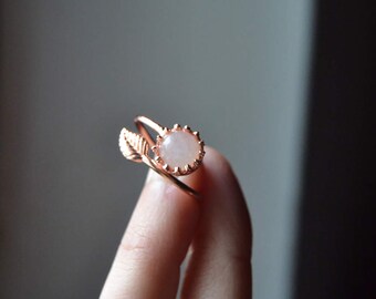 Moonstone ring rose gold, leaf jewelry, rose gold moonstone ring, stacking ring, elegant ring