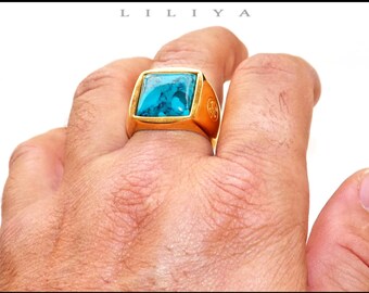 Turquoise ring Mens ring - turquoise gemstone ring - Silver / Black / Rose Gold / Gold ring - stamp ring - turquoise ring sterling silver