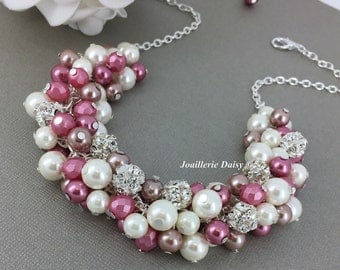 Dusty Pink and Taupe Necklace Statement Necklace Rose Pink Jewelry Gift for Her Bridesmaids Necklace Bridesmaids Gift for Mom Bib Necklace