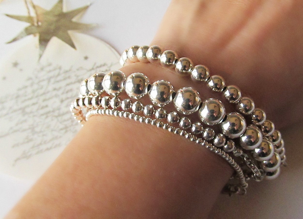 Sterling Silver Bead Bracelet Set of 4 Stacking Bracelet Set