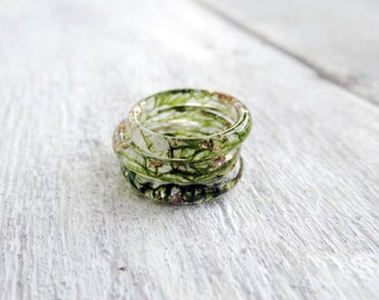 Super tiny rings Thin ring Moss jewelry Moss ring Stacking rings set Boho rings Green ring Resin ring Elven ring Forest jewelry Nature ring