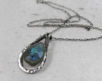 Labradorite Teardrop Necklace, Protection Stone, Faceted Briolette, Sterling Silver, Copper, Oxidized, Hammered, Third Eye Chakra
