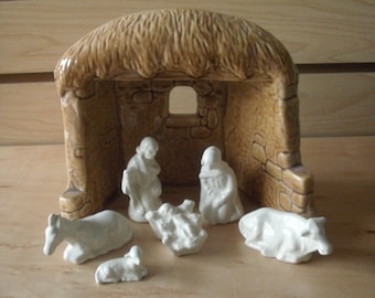 Christmas decoration Vintage Nativity set ceramic Christmas Nativity brown manger white Nativity Gifts for her Indian Christmas Decorations