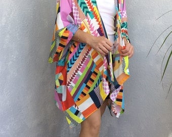 Boho Kimono Cardigan, African Print Kimono, Geometric Kimono, Oversize Cardigan, Summer Jacket, Beach Kimono, Beach CoverUp, Women Loose Top