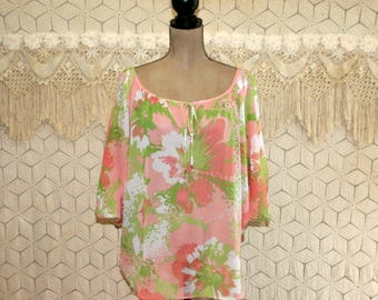 Sheer Blouse Chiffon Top Batwing Bohemian Hippie Floral Shirt Pink & Green Spring Tops Summer Tops 1X XL Plus Size Clothing Womens Clothing