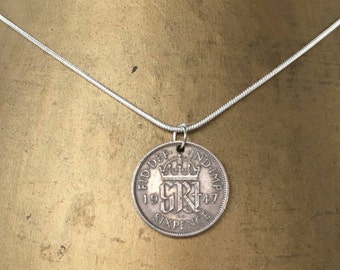 70th birthday gift, 1947 sixpence necklace, lucky coin pendant, English, British, woman, anniversary, retirement, present, silver, mum, aunt
