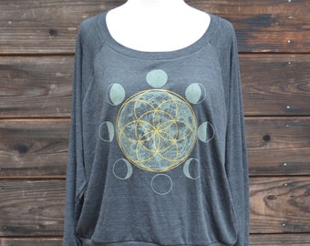Seed of Life Moon Phase Raglan Pullover - Sacred Geometry Sweater - MoonPhase Sweater - Women's Sweater