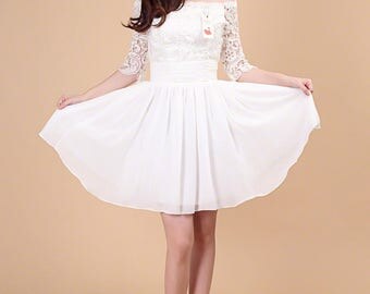 White Lace Chiffon Dress / Little White Dress / White Fit and