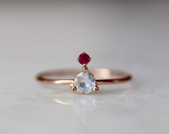 14K Moonstone Ruby Ring, Rainbow Moonstone, Blue Moonstone, Mixed Stone Ring, Floating Stone, Rose Gold, Yellow Gold, Solid Gold