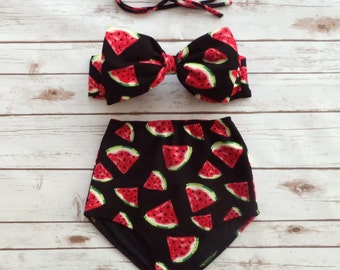 Bow Bandeau Retro Bikini - Vintage Style High Waist Pin-up Bathing Suit Swimwear - Black With Bold and Cute Watermelon Print Design